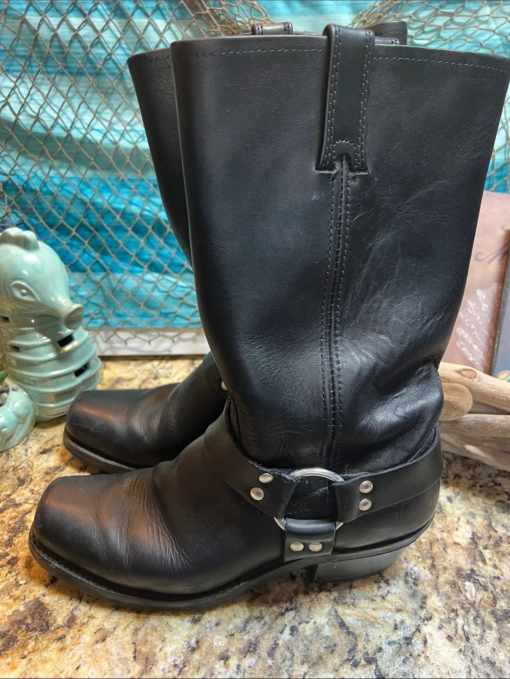 Frye Black Leather Harness Mid-Calf Boots with Silver Ring - Picture 1 of 10